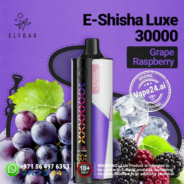 Elf Bar E-Shisha Luxe 30000 Puffs in Grape Raspberry flavor with colorful design and premium packaging.