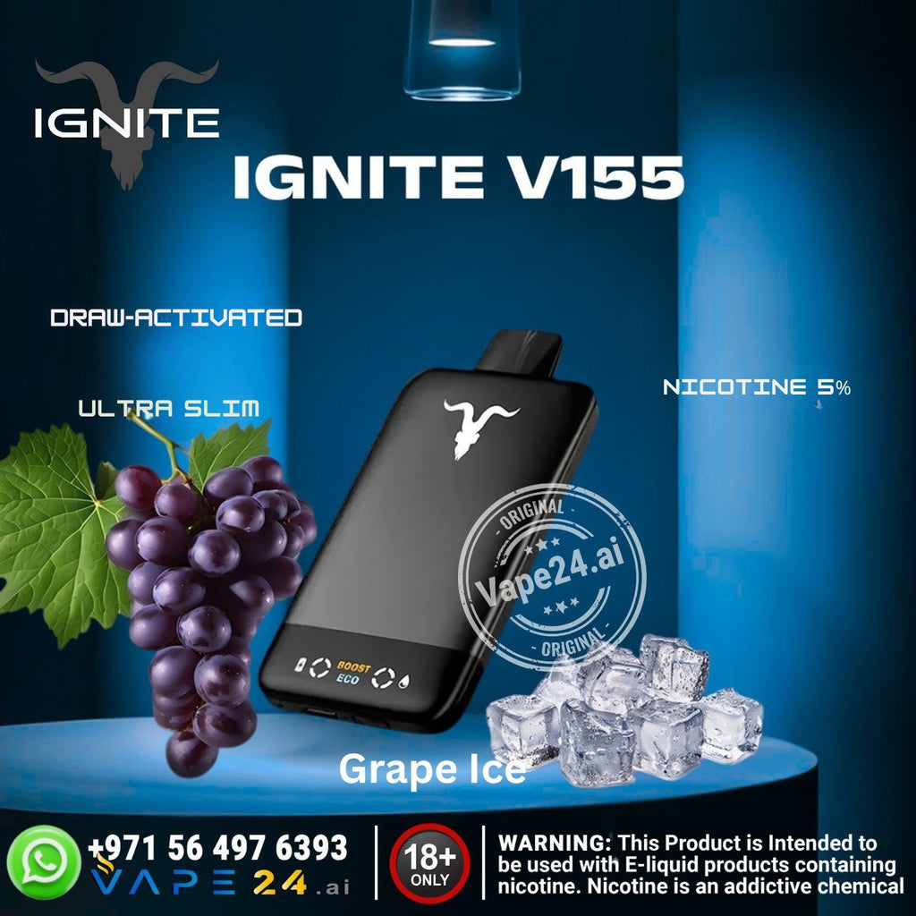 Vape device with grapes and ice cubes on a blue background, featuring IGNITE V155 branding.