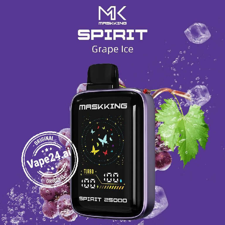 MASKKING SPIRIT 25000 Puffs Disposable Vape in Grape Ice flavor on purple background.