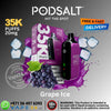 Promotional image of Pod Salt vape device and packaging with grape ice flavor, featuring product details and branding.