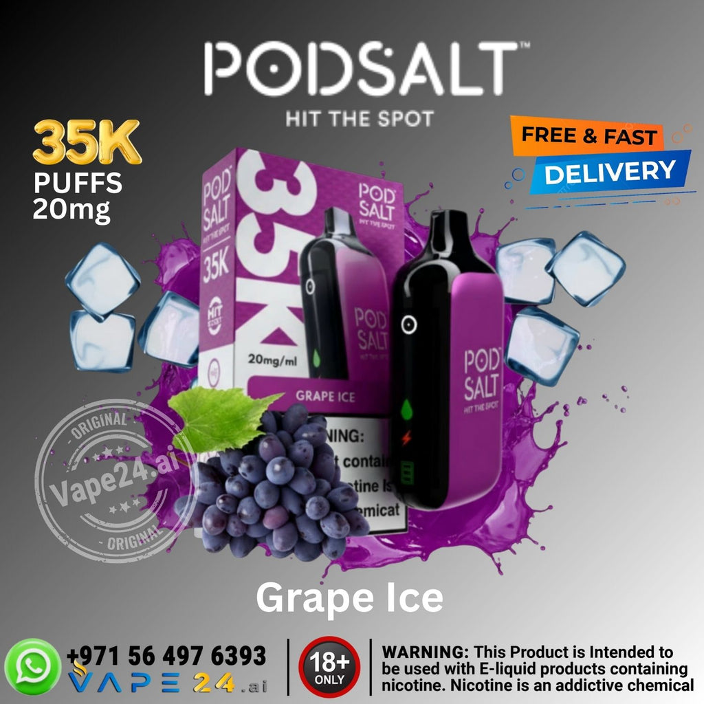 Promotional image of Pod Salt vape device and packaging with grape ice flavor, featuring product details and branding.