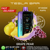 Tesla Bar vape device with grape pear flavor on a brown background