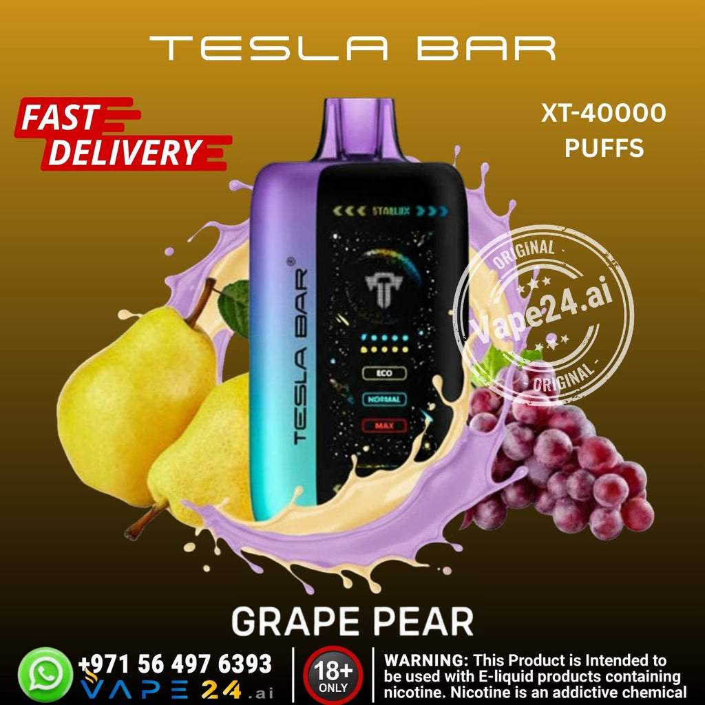 Tesla Bar vape device with grape pear flavor on a brown background