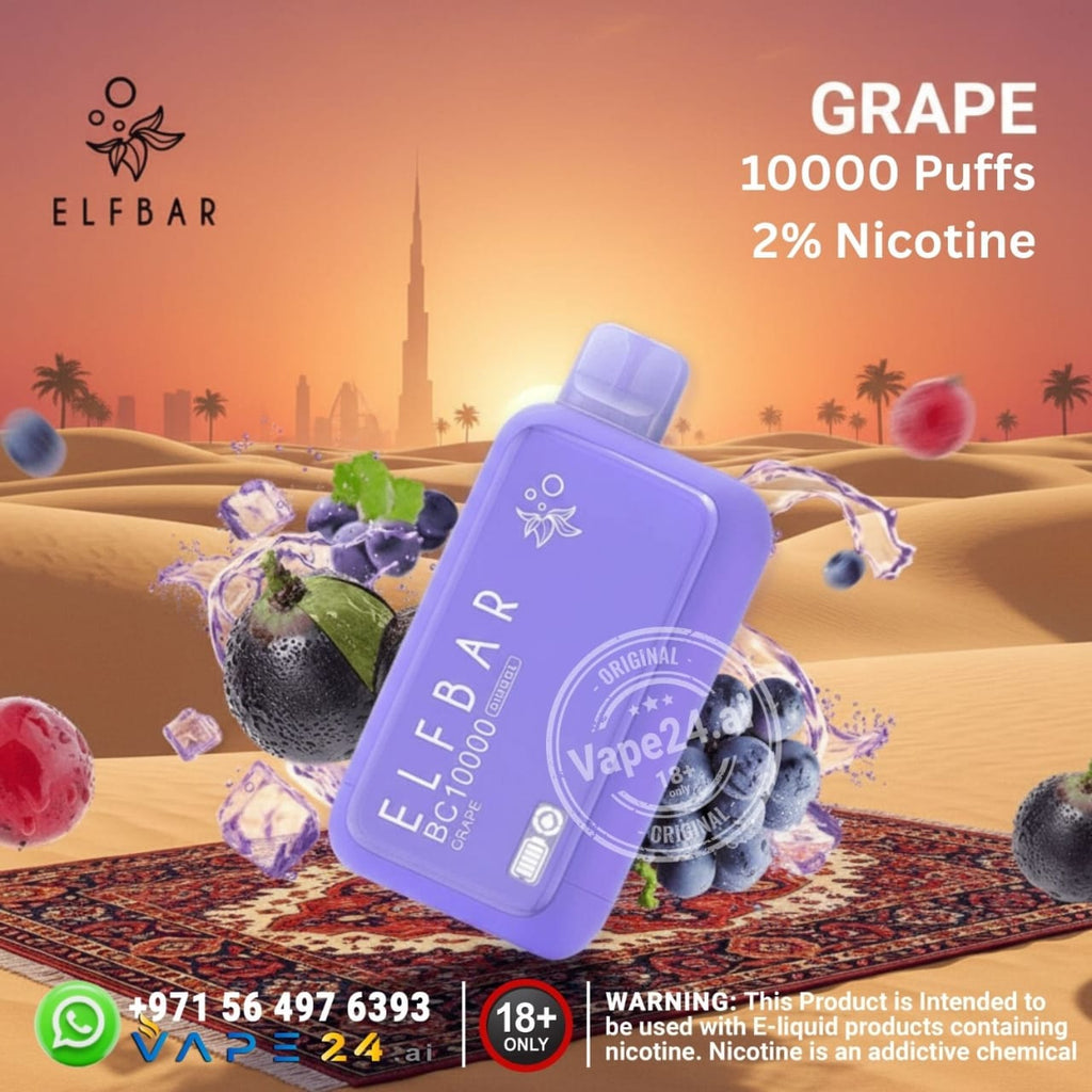 Elf Bar BC10000 puffs 20mg vape device with grape flavor and desert background