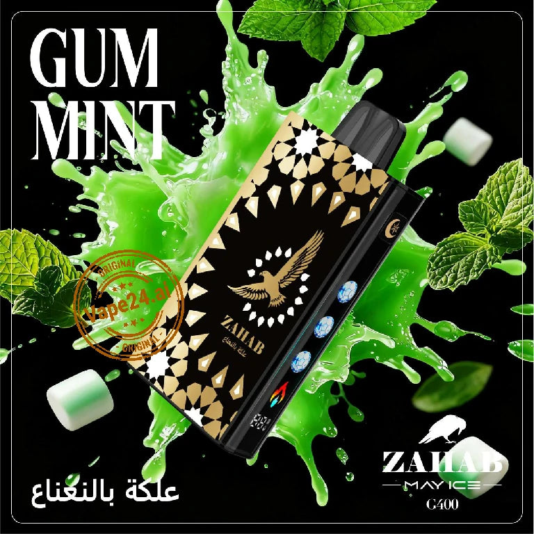 Zahab vape device with 'Gum Mint' flavor on a black background with green splashes and mint leaves.