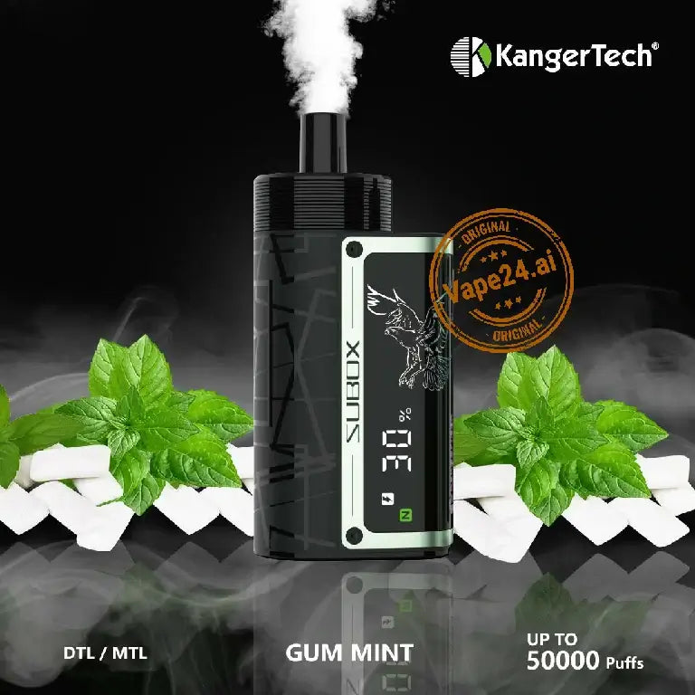 KangerTech Subox disposable vape with gum mint flavor, delivers up to 50000 puffs, shown with mint leaves and smoke.