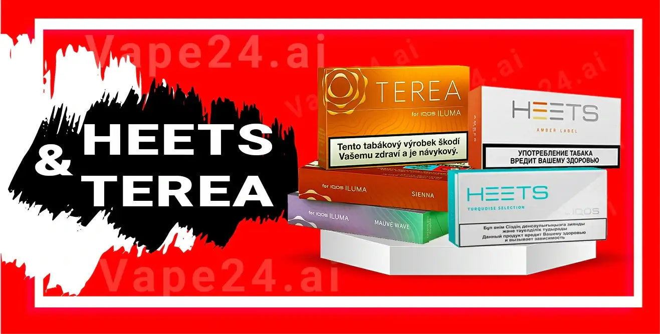 Colorful display of HEETS and TEREA tobacco products on a red background, promoting alternative smoking options.
