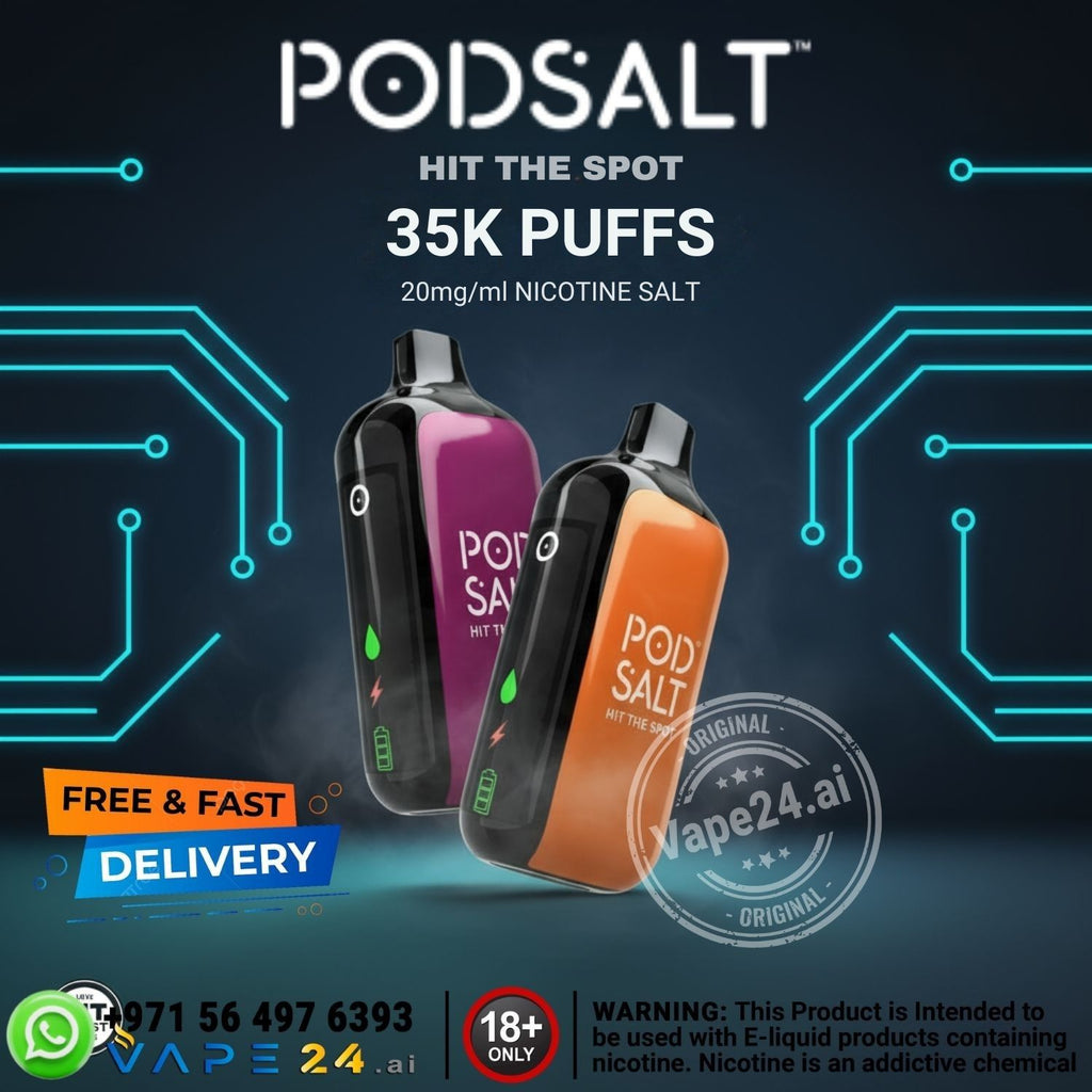 Two Pod Salt vape devices on a dark background with circuit board designs and promotional text.
