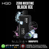 HQD Zero Nicotine Black Ice vape device with ice cubes and blackberries on a black background