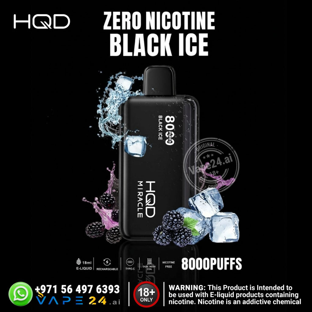 HQD Zero Nicotine Black Ice vape device with ice cubes and blackberries on a black background