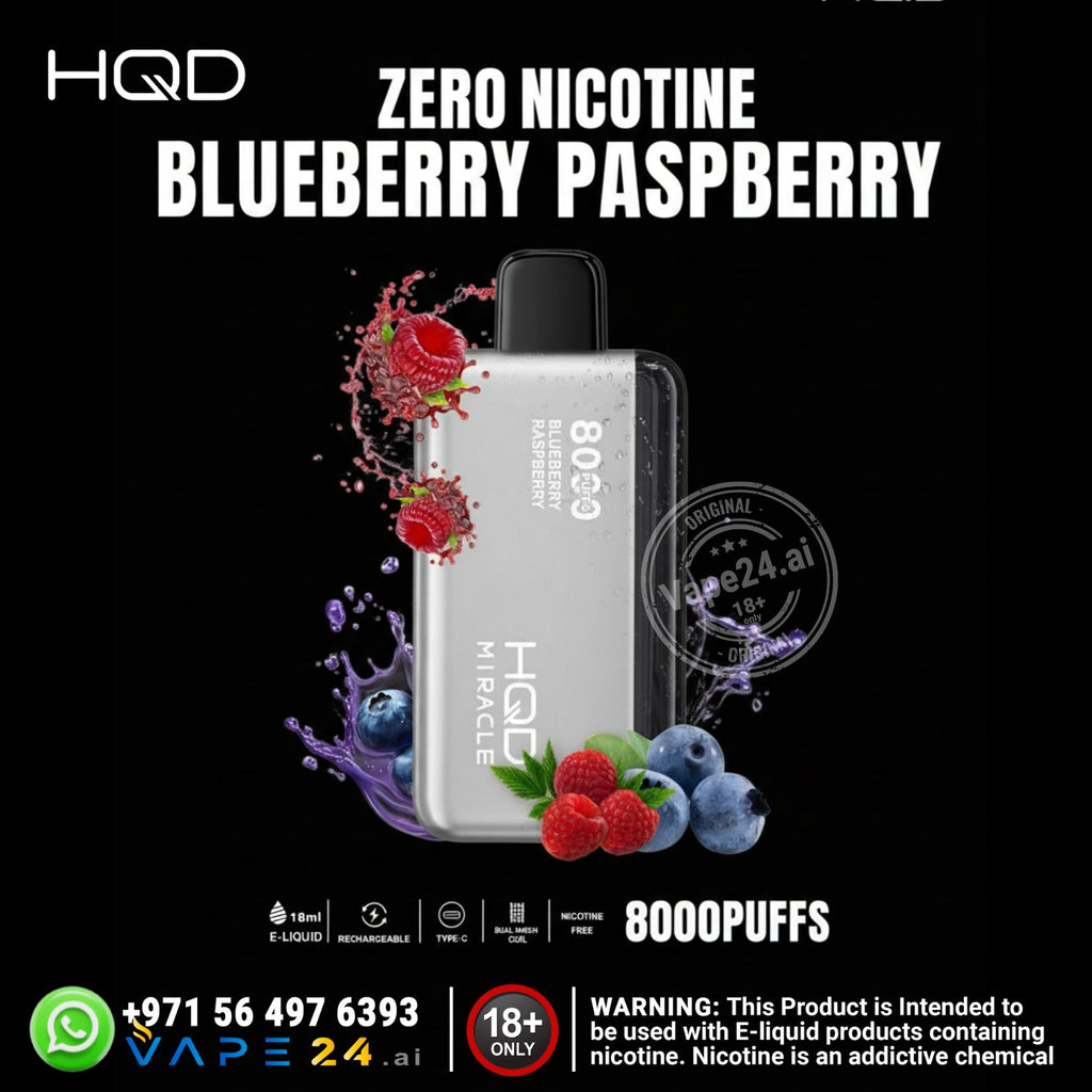 HQD vape device with blueberry and raspberry graphics on a black background