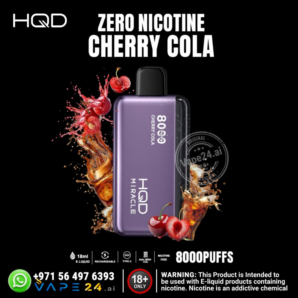 Purple HQD vape device with cherry cola flavor on a black background