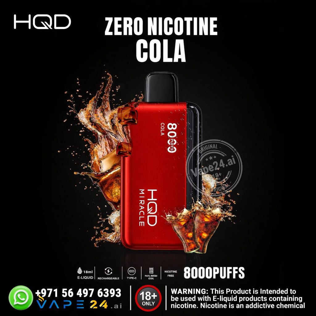 Red HQD vape device with cola-themed design on a black background