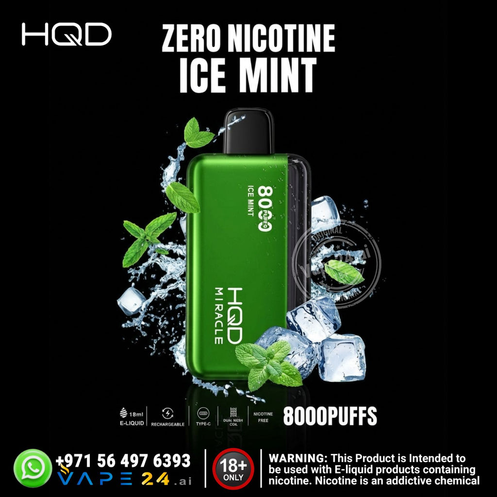 Green HQD vape device with ice and mint leaves on a black background