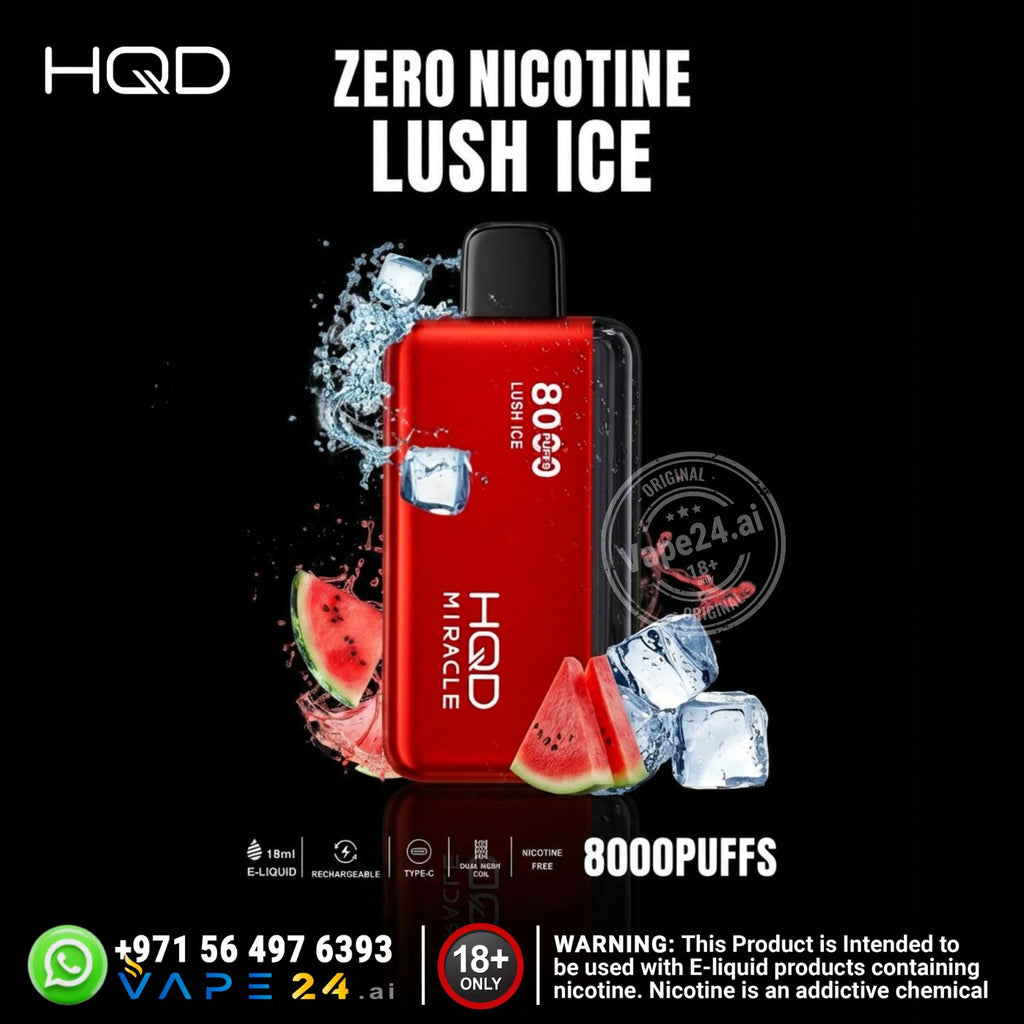 HQD vape device with watermelon and ice elements on a black background