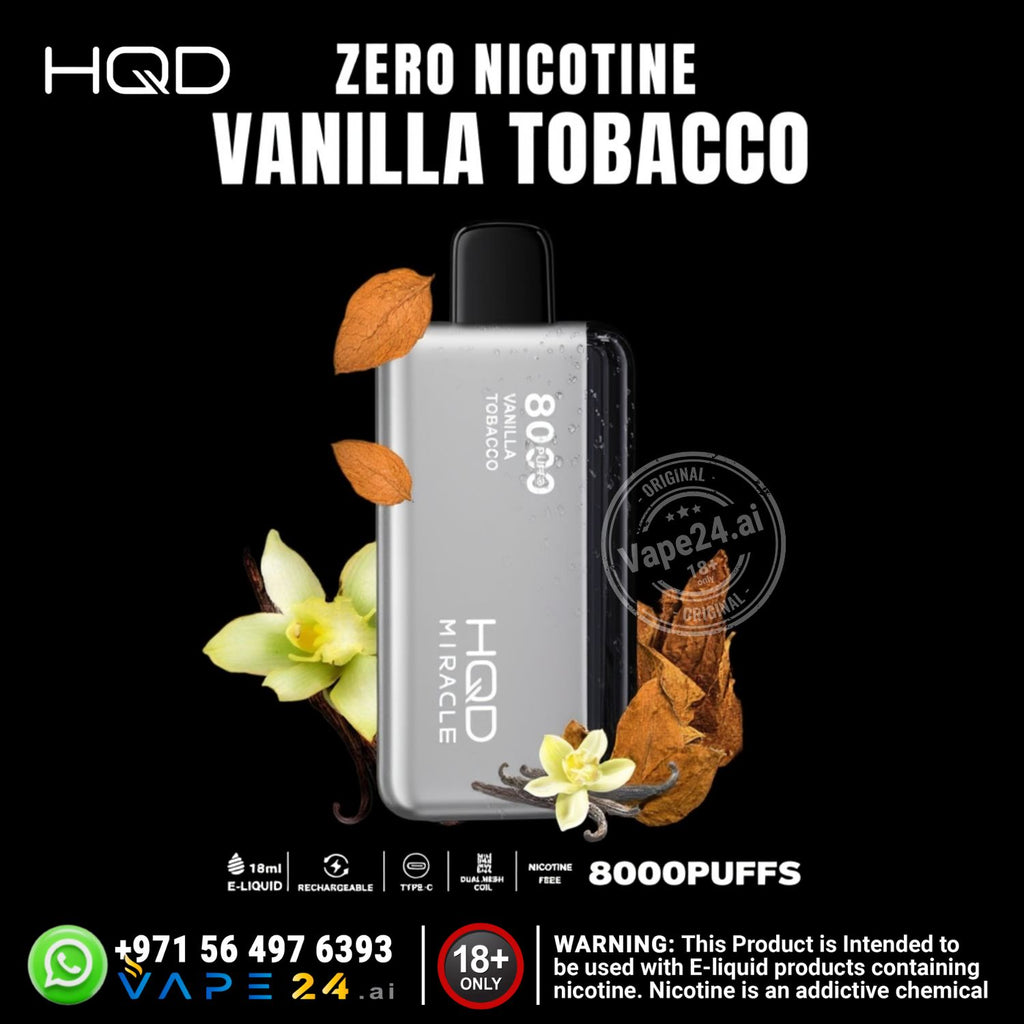 Vaping device with vanilla tobacco flavor on a black background, featuring HQD branding.