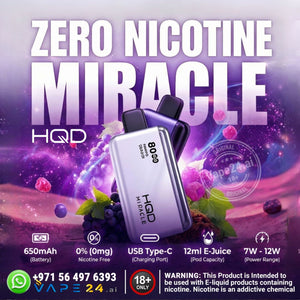 HQD vaping device with promotional text about zero nicotine on a purple background
