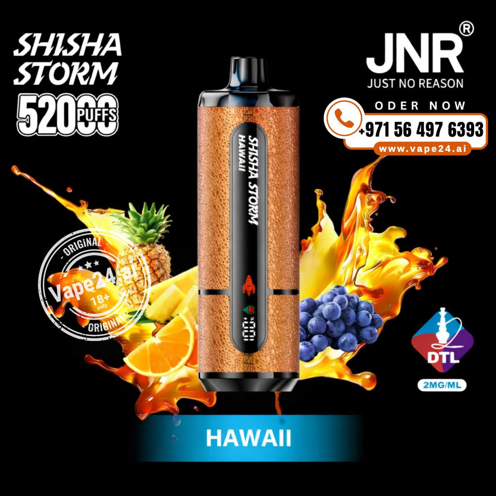 Vape device with 'Shisha Storm' branding and Hawaii flavor on a black background with fruit graphics and contact information.