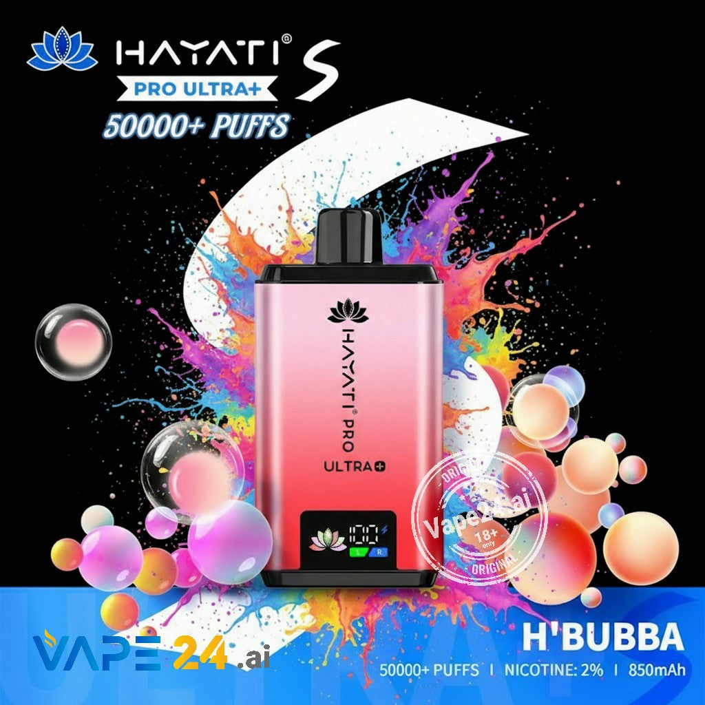 Hayati Pro Ultra+ vape device with colorful background and branding elements.