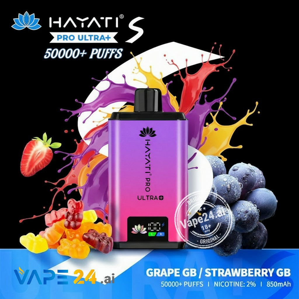 Hayati Pro Ultra+ vape device with colorful splashes and fruit graphics on a black background