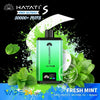 Green vape device with mint leaves on a colorful background, featuring the Hayati brand.