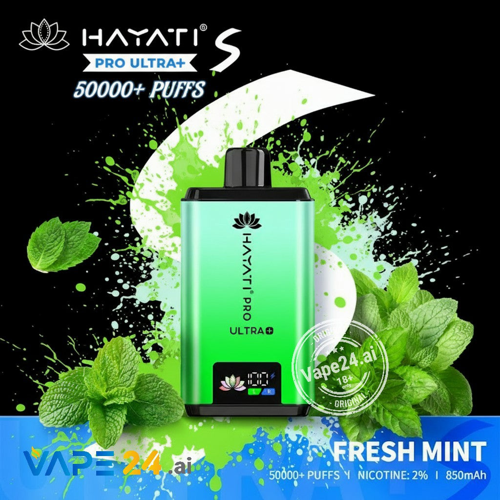 Green vape device with mint leaves on a colorful background, featuring the Hayati brand.