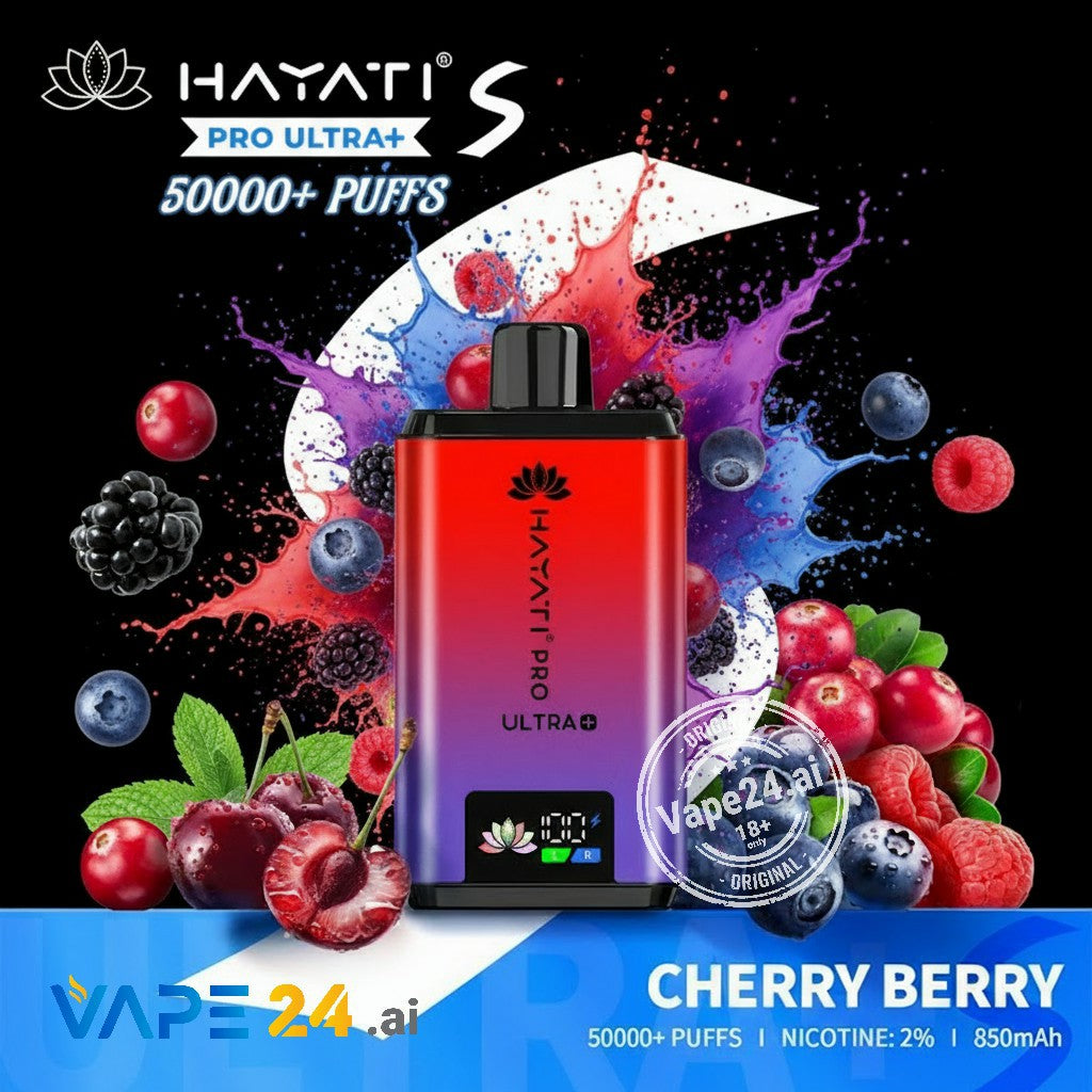 Hayati Pro Ultra+ vape device with cherry berry flavor on a colorful background