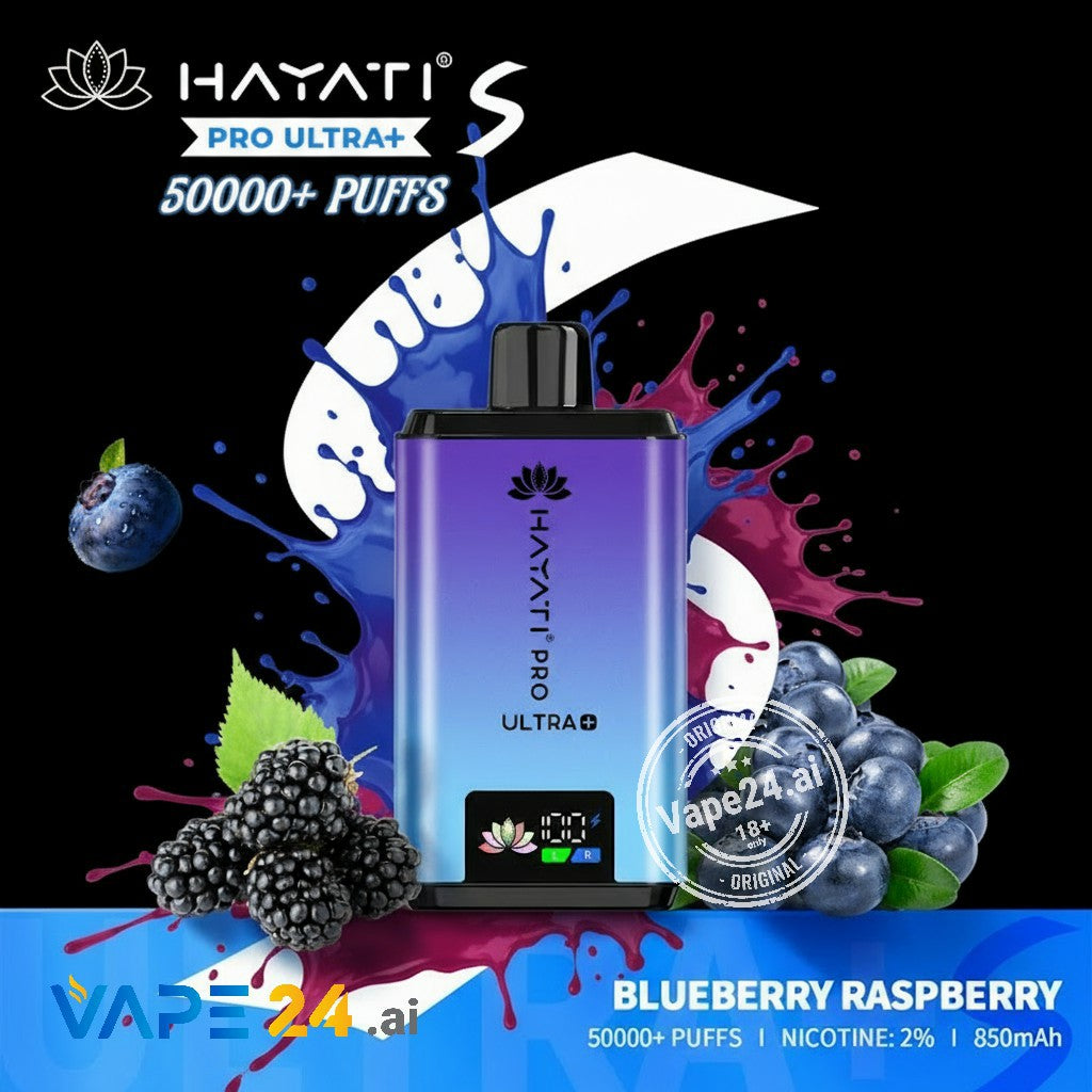 Hayati Pro Ultra+ vape device with blueberry and raspberry graphics on a colorful background