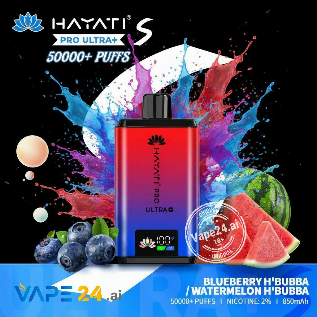Hayati Pro Ultra+ vape device with colorful splashes and fruit graphics on a black background.