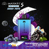 Hayati Pro Ultra+ vape device with blackcurrant and blue raspberry elements on a dark background.