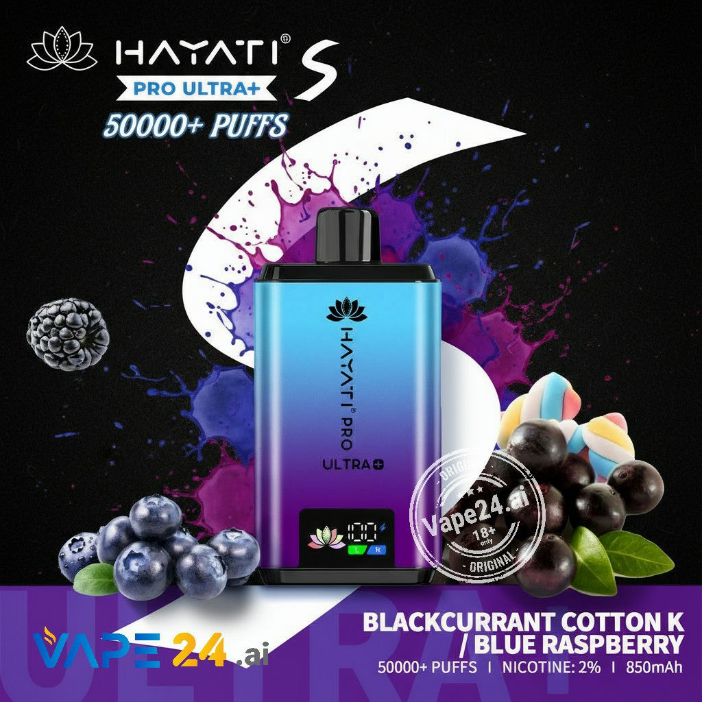 Hayati Pro Ultra+ vape device with blackcurrant and blue raspberry elements on a dark background.
