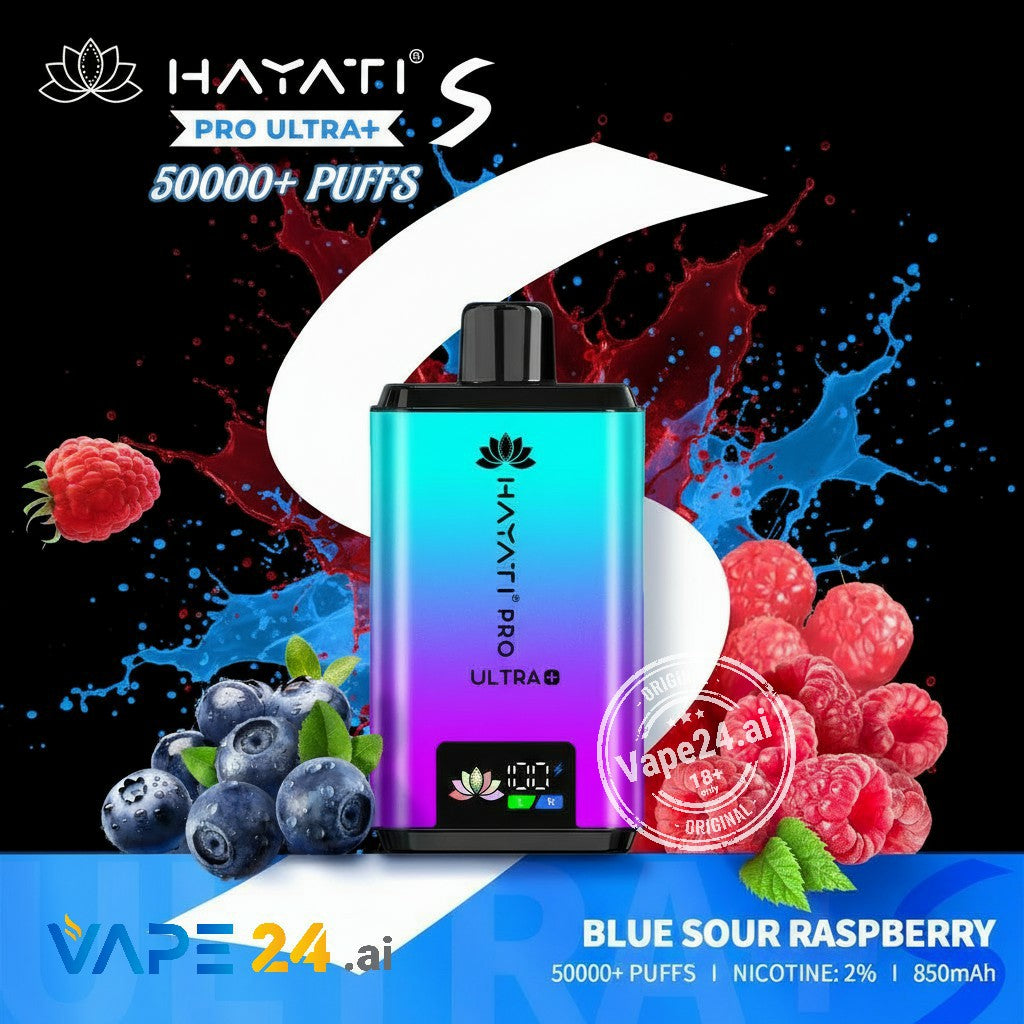 Hayati Pro Ultra+ vape device with blue and purple gradient, surrounded by blueberries and raspberries on a colorful background.