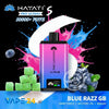 Hayati Pro Ultra+ vape device with colorful splashes and blue razz flavor graphics on a black background.