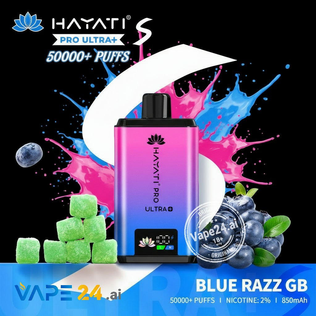 Hayati Pro Ultra+ vape device with colorful splashes and blue razz flavor graphics on a black background.