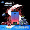 Hayati Pro Ultra+ vape device with blue and red gradient, surrounded by blueberries and cherries, on a black background.