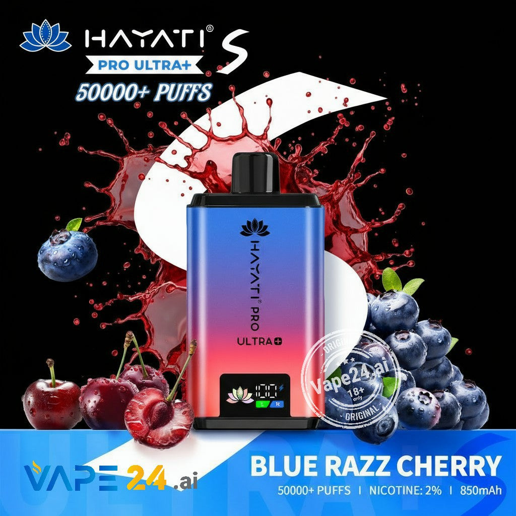 Hayati Pro Ultra+ vape device with blue and red gradient, surrounded by blueberries and cherries, on a black background.
