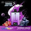 Hayati Pro Ultra+ vape device with purple liquid splashes and fruit graphics on a black background