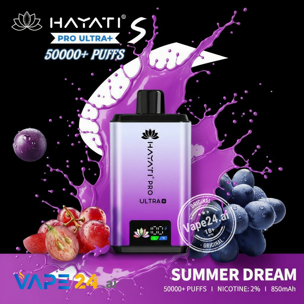 Hayati Pro Ultra+ vape device with purple liquid splashes and fruit graphics on a black background
