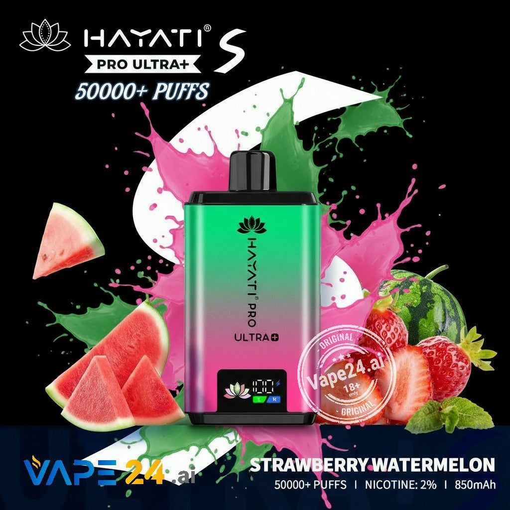 Hayati Pro Ultra+ vape device with strawberry watermelon flavor on a colorful background