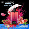 Hayati Pro Ultra+ vape device with fruit graphics and branding on a colorful background