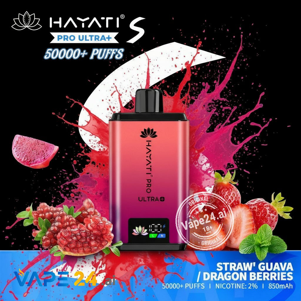 Hayati Pro Ultra+ vape device with fruit graphics and branding on a colorful background