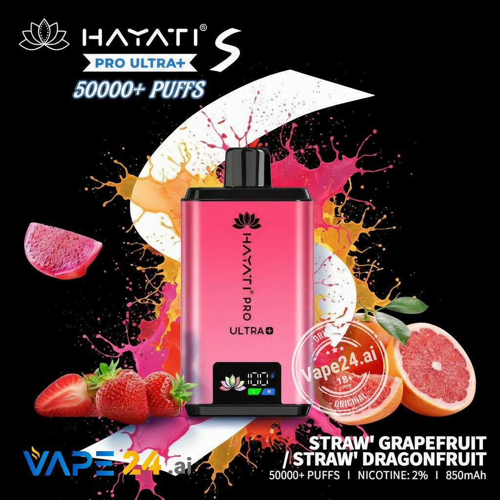 Hayati Pro Ultra+ vape device with colorful fruit graphics on a black background