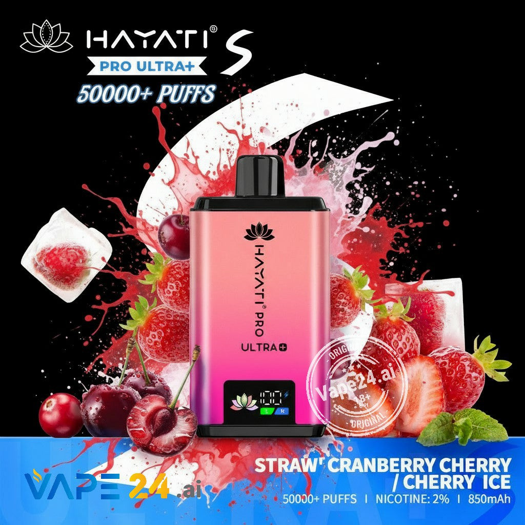 Hayati Pro Ultra+ vape device with strawberry, cranberry, and cherry graphics on a colorful background.