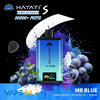Hayati Pro Ultra+ vape device with blueberries and grapes on a colorful background
