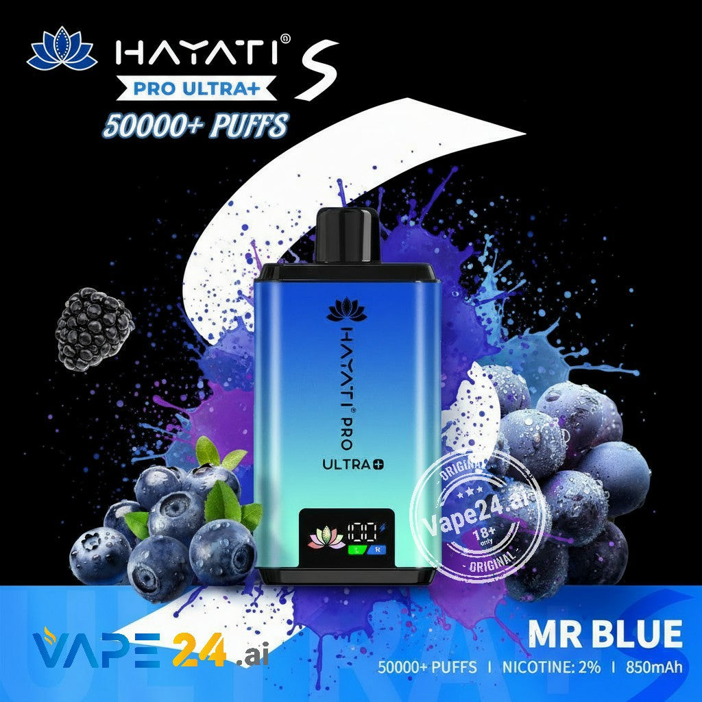 Hayati Pro Ultra+ vape device with blueberries and grapes on a colorful background