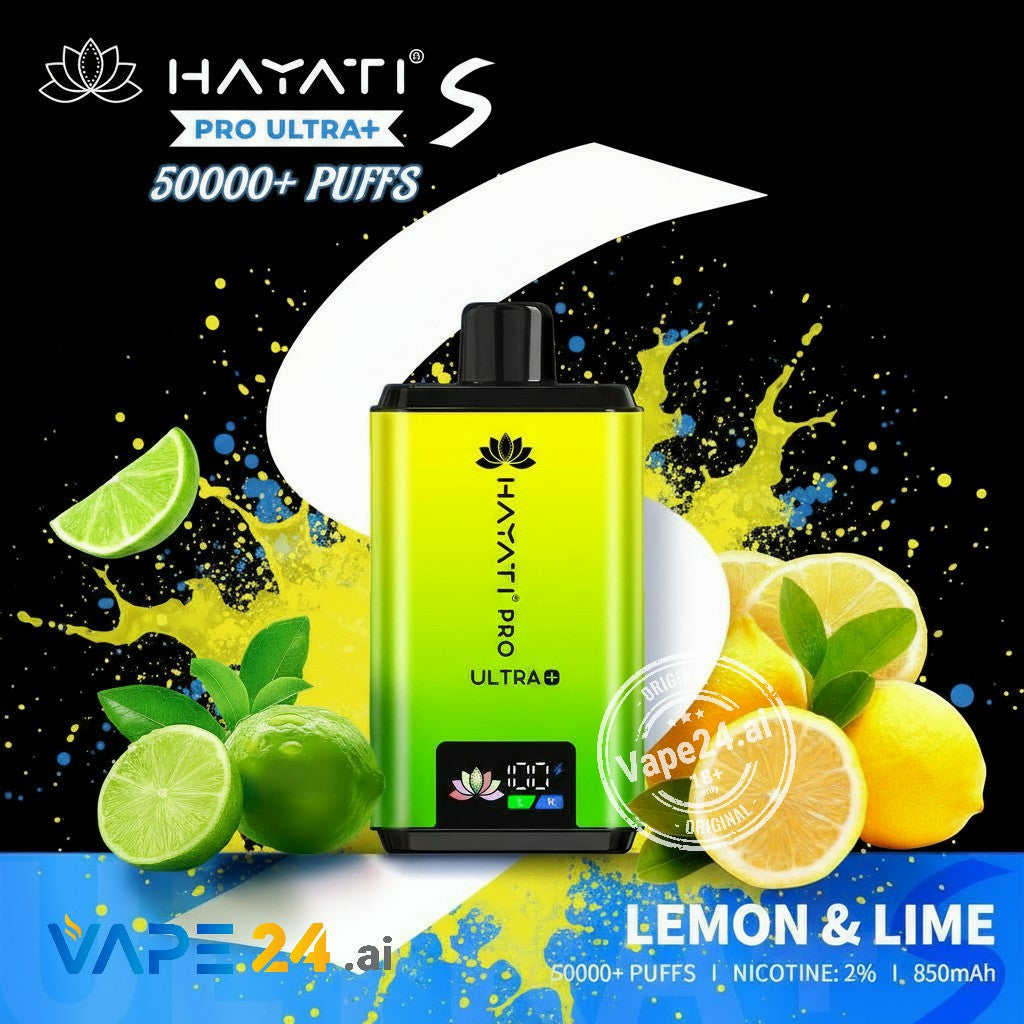 Hayati Pro Ultra+ vape device with lemon and lime graphics on a colorful background