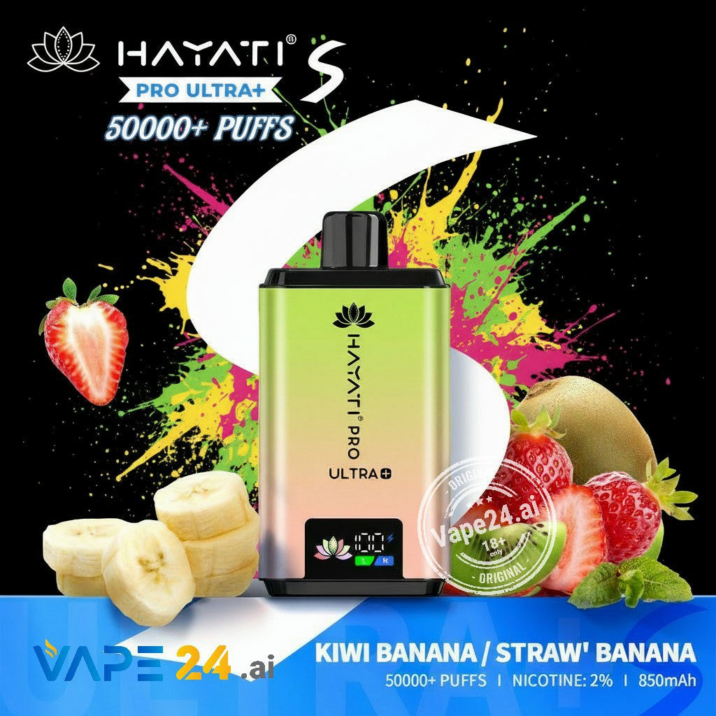 Hayati Pro Ultra+ vape device with fruit graphics on a colorful background