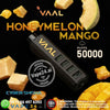 VAAL Honey Melon Mango vape device with honeycomb and mango pieces on a black background.