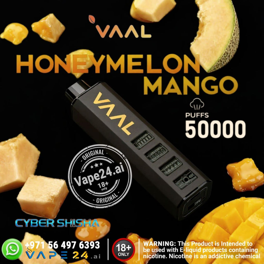 VAAL Honey Melon Mango vape device with honeycomb and mango pieces on a black background.