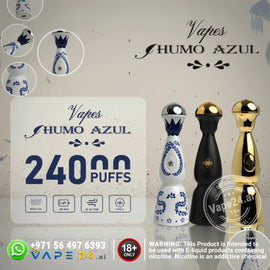 Vapes Humo Azul with packaging and branding on a light gray background